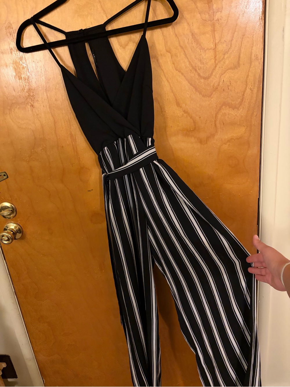 Striped Wide-Leg Jumpsuit with Surplice Top - Black/White